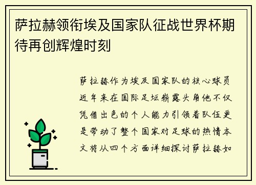 萨拉赫领衔埃及国家队征战世界杯期待再创辉煌时刻